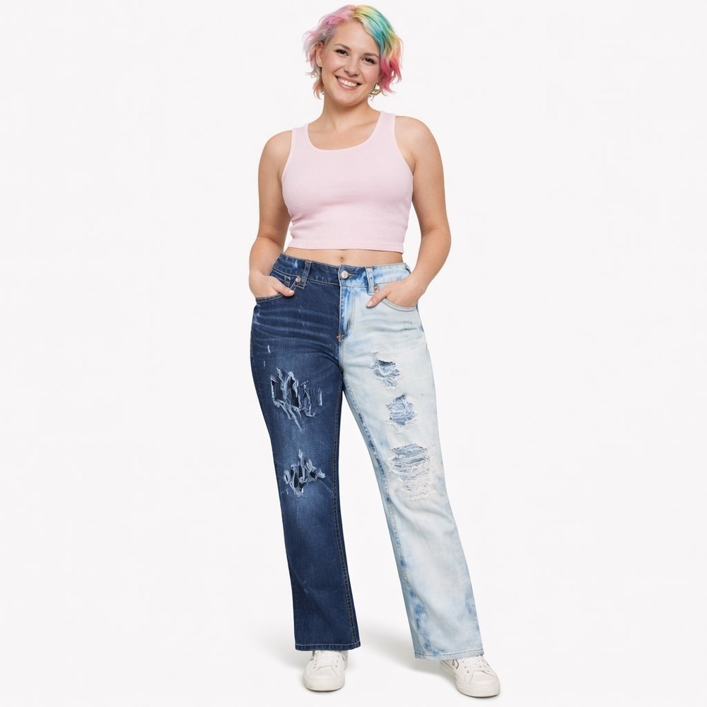 SEVEN7 Size 8 Vtg‎ y2k Split Leg Half and Half Ripped Distressed Mid Rise Jeans